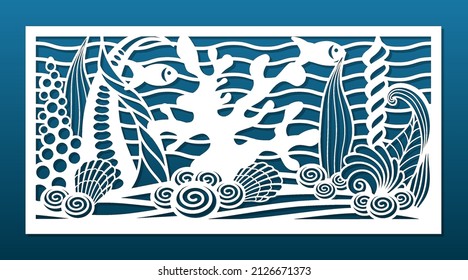 Laser cut panel with ocean underwater design. CNC cutting template, wall art, room privacy screen, wall hanging, for home interior. Undersea world, coral reef, weeds, seashells. Vector illustration