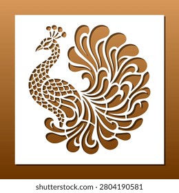 Laser cut panel ornate with a beautiful peacock. CNC cutting stencil. Square wall tile, coaster, card background. Vecotr illustration