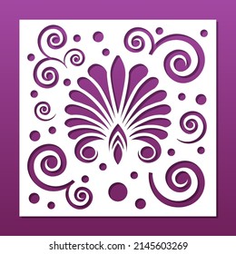 Laser cut panel, paper card background. CNC stencil fot cutting, engraving. Diy craft,  square tile with floral patter, silhouette. Paper art, interior design, home decor. Vector illustration