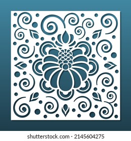 Laser cut panel, paper card background. CNC stencil fot cutting, engraving. Diy craft,  square tile with floral patter, silhouette. Paper art, interior design, home decor. Vector illustration