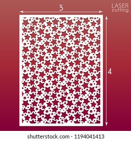 Laser cut panel with pattern of stars, template for laser cutting or wood carving, cutout paper decorative element, elegant vector background for wedding invitation card, vector eps 10.