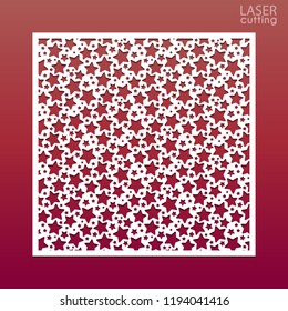 Laser cut panel with pattern of stars, template for laser cutting or wood carving, cutout paper decorative element, elegant vector background for wedding invitation card, vector eps 10.