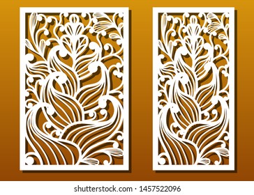 Laser cut panel pattern. Stencil for interior wood or metal décorative cutout, paper art , fretwork or carving, card engraving template. Ornate with floral ornament, abstract design. Vector set.