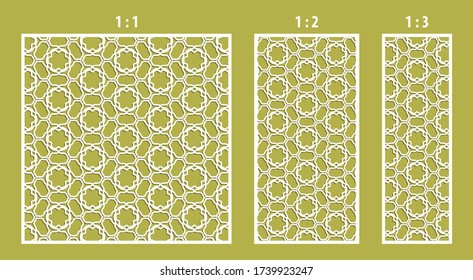 Laser cut panel. Ratio 1:1, 1:2, 1:3. Decorative cutout silhouette with geometric arabic pattern, suitable for printing invitations, laser cutting engraving stencil, wood and metal decorations