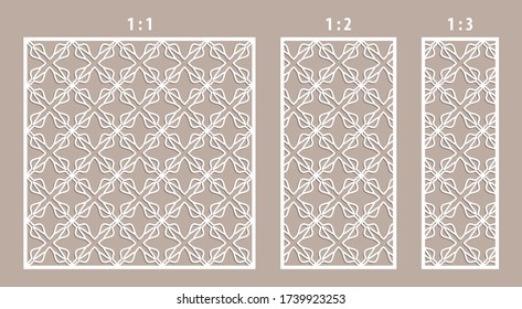 Laser cut panel. Ratio 1:1, 1:2, 1:3. Decorative cutout silhouette with geometric arabic pattern, suitable for printing invitations, laser cutting engraving stencil, wood and metal decorations