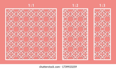 Laser cut panel. Ratio 1:1, 1:2, 1:3. Decorative cutout silhouette with geometric arabic pattern, suitable for printing invitations, laser cutting engraving stencil, wood and metal decorations