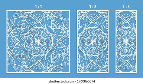 Laser cut panel. Ratio 1:1, 1:2, 1:3. Decorative cutout silhouette with geometric arabic pattern, suitable for printing invitations, laser cutting engraving stencil, wood and metal decorations