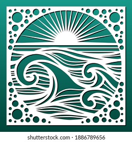 Laser cut panel, sea landscape with waves and sun. Cnc cutting stencil for wall art and home decor, room screen, hanging, decorative tile, paper art. Vector illustration