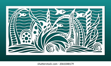 Laser cut panel with sea nautical underwater design. Cnc cutting stencil, paper art, wall hanging, home interior decor, room privacy screen. Sea shells, weed, reefs, koi fish.  Vector illustration