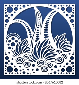 Panel de corte láser con diseño submarino náutico. plantilla de corte Cnc; arte de papel; colgador de pared; decoración interior en casa; pantalla de privacidad de la habitación.  Aguas marinas, arrecifes de coral, malezas. Ilustración del vector