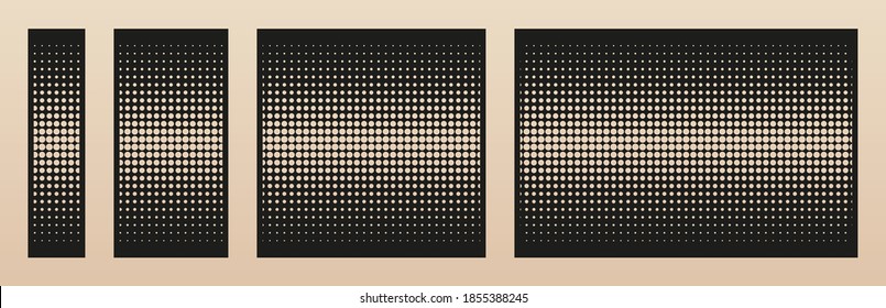 Laser cut panel set. Abstract geometric pattern with circles, halftone dots, grid, gradient transition. Decorative stencil for laser cutting of wood, metal, paper. Aspect ratio 1:1, 1:2, 1:4, 2:3