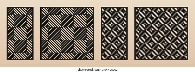 Laser cut panel set. Abstract geometric pattern with lines, squares, checkered texture. Decorative template for wood cut, paper card, metal cutting, engraving, fretwork, carving. Aspect ratio 1:1, 1:2