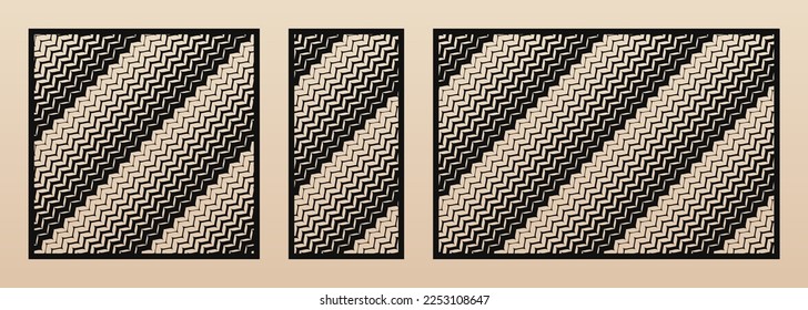 Laser cut panel set. Abstract pattern with diagonal lines, stripes, halftone zigzag shapes, grid, gradient transition. Decorative stencil for CNC cutting of wood, metal. Aspect ratio 1:1, 1:2, 3:2