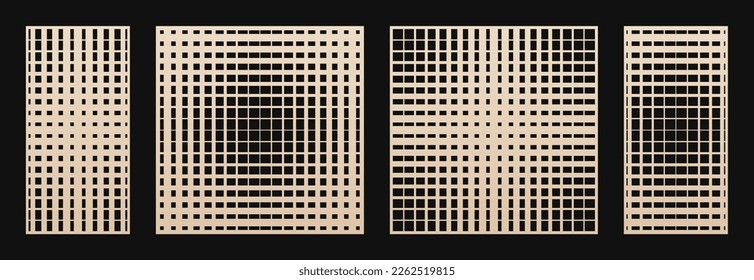 Laser cut panel set. Abstract geometric patterns collection with lines, squares, halftone grid, gradient transition. Decorative stencil for laser cutting of wood, metal, paper. Aspect ratio 1:2, 1:1