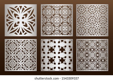 Laser cut panel set in arabic style, cabinet fretwork perforated screen templates . Ornamental panels template set for cutting exterior. Silhouette geometric pattern. Metal, paper or wood carving.