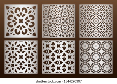 Laser cut panel set in arabic style, cabinet fretwork perforated screen templates . Ornamental panels template set for cutting exterior. Silhouette geometric pattern. Metal, paper or wood carving.