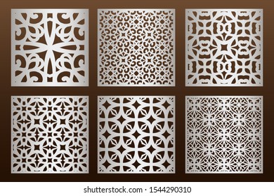 Laser cut panel set in arabic style, cabinet fretwork perforated screen templates . Ornamental panels template set for cutting exterior. Silhouette geometric pattern. Metal, paper or wood carving.