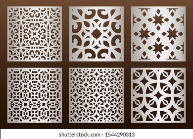 Laser cut panel set in arabic style, cabinet fretwork perforated screen templates . Ornamental panels template set for cutting exterior. Silhouette geometric pattern. Metal, paper or wood carving.