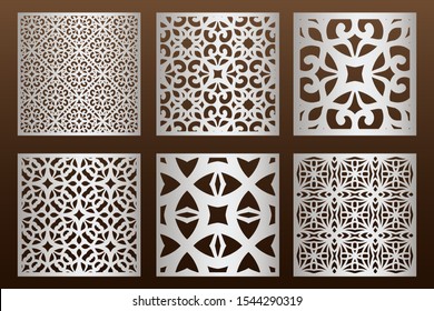 Laser cut panel set in arabic style, cabinet fretwork perforated screen templates . Ornamental panels template set for cutting exterior. Silhouette geometric pattern. Metal, paper or wood carving.