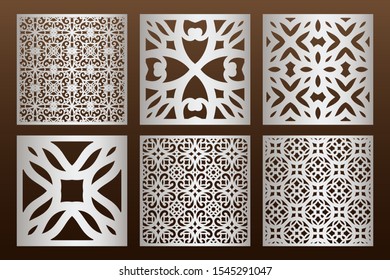 Laser cut panel set in arabic style, cabinet fretwork perforated screen templates . Ornamental panels template set for cutting exterior. Silhouette geometric pattern. Metal, paper or wood carving.