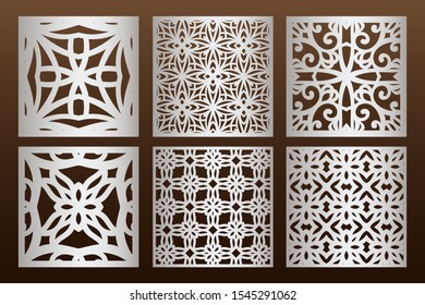Laser cut panel set in arabic style, cabinet fretwork perforated screen templates . Ornamental panels template set for cutting exterior. Silhouette geometric pattern. Metal, paper or wood carving.