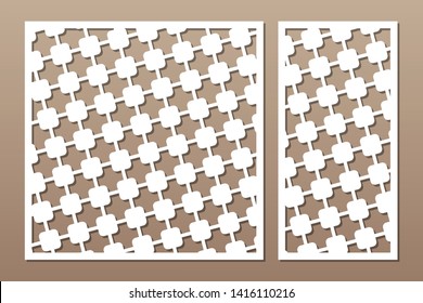 Laser cut panel. Set decorative card for cutting. Geometric square pattern. Ratio 1:2, 1:1. Vector illustration.