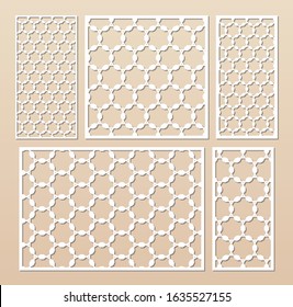 Laser cut panel set. Elegant vector template with abstract geometric pattern in Arabian style, ornamental grid, lattice. Decorative stencil for laser cutting of wood, metal. Aspect ratio 3:2, 1:1, 1:2