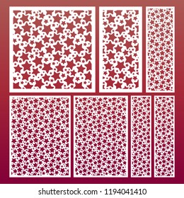 Laser cut panel set with pattern of stars, templates for wood carving, cutout paper decorative element, background for wedding invitation card.