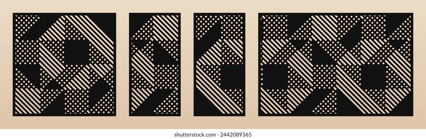 Laser cut panel set. Template with abstract geometric pattern, lines, stripes, grid. Vector decorative stencil for laser cutting of wood, metal, plastic, decor element. Aspect ratio 1:1, 3:2, 1:2