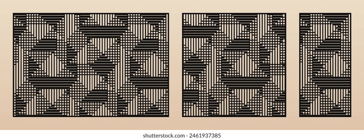 Conjunto de paneles de corte láser. Plantilla con patrón geométrico abstracto, líneas, rayas, rejilla. Esténcil decorativo de Vector para corte láser de madera, metal, plástico. Diseño geométrico. Relación de aspecto 3:2, 1:1, 1:2