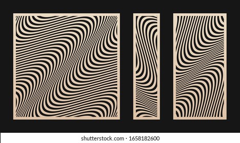 Laser cut panel set. Vector stencil with abstract geometric pattern, wavy lines, curves, stripes. Modern swatch for laser cutting of wood, metal, acrylic panel, engraving. Aspect ratio 1:1, 1:2, 1:4