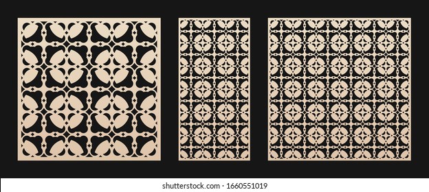Laser cut panel set. Vector template with abstract geometric pattern in Oriental style, floral grid ornament. Decorative stencil for laser cutting of wood, metal, paper cut. Aspect ratio 1:1, 1:2