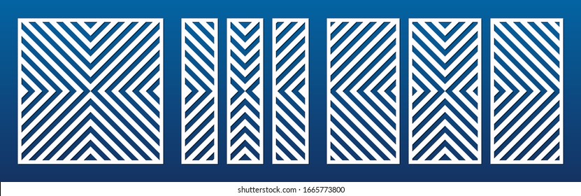 Laser cut panel set. Vector template with abstract geometric pattern, diagonal lines, stripes. Decorative stencil for laser cutting of wood, metal, engraving, fretwork. Aspect ratio 1:1, 1:2, 1:4