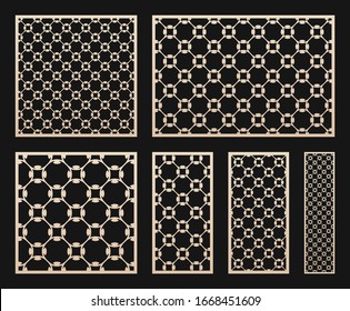 Laser cut panel set. Vector template with geometric pattern in Arabian style, floral ornament, grid, mesh, lattice. Decorative stencil for laser cutting of wood, metal. Aspect ratio 1:1, 3:2, 1:2, 1:4