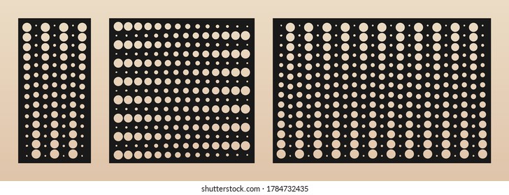 Laser cut panel set. Vector template with modern geometric pattern, halftone dots texture, gradient transition effect, grid, circles. Decorative stencil for laser cutting. Aspect ratio 1:2, 1:1, 3:2