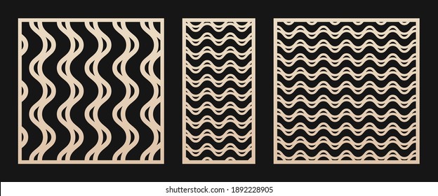 Laser cut panel set. Vector stencil with abstract geometric pattern, wavy lines, curves, stripes, horizontal and vertical. Modern swatch for laser cutting of wood, metal, panel. Aspect ratio 1:1, 1:2