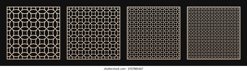 Laser cut panel set. Vector templates with geometric pattern in Oriental style, circular grid, mesh, lattice. Decorative stencil for laser cutting of wood, metal, plastic, acrylic. Aspect ratio 1:1