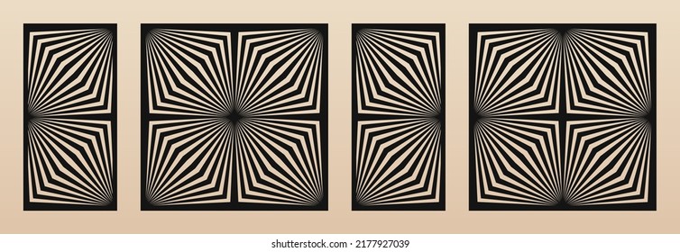 Laser cut panel set. Vector template with abstract geometric pattern, lines, stripes. Optical illusion effect. Decorative stencil for laser cutting of wood, metal, plastic. Aspect ratio 1:2, 1:1