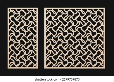 Laser cut panel set. Vector template with abstract geometric pattern, wavy lines, curved grid, mesh, lattice. Decorative stencil for cnc cutting of wood, metal, plastic, paper. Aspect ratio 1:1, 1:2