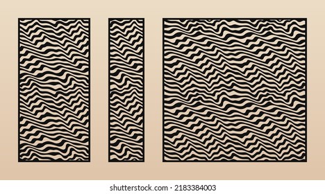Laser cut panel set. Vector stencil with abstract geometric pattern, organic wavy lines, curves, stripes. Modern swatch for laser cutting of wood, metal, acrylic panel. Aspect ratio 1:2, 1:4, 1:1