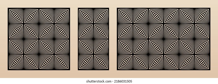 Laser cut panel set. Vector template with abstract geometric pattern, lines, stripes, squares. Optical illusion effect. Decorative stencil for laser cutting of wood, metal. Aspect ratio 1:1, 1:2, 3:2