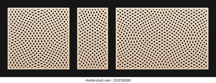 Laser cut panel set. Vector template with abstract geometric pattern, wavy lines, distorted grid, mesh. Optical illusion effect. Decorative stencil for laser cutting. Aspect ratio 1:1, 1:2, 3:2