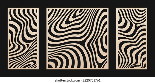 Laser cut panel set. Vector stencil with abstract geometric pattern, wavy lines, curves, ripple surface. Modern swatch for laser cutting of wood, metal, acrylic panel, engraving. Aspect ratio 1:1, 1:2