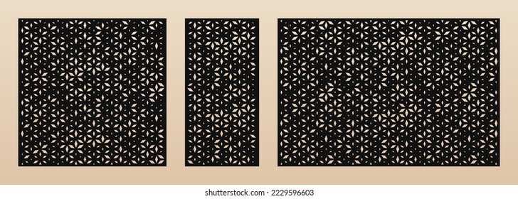 Laser cut panel set. Vector template with abstract geometric pattern, floral grid, diamonds. Decorative stencil for laser cutting of wood, metal, plastic, decor element. Aspect ratio 1:2, 1:2, 3:2