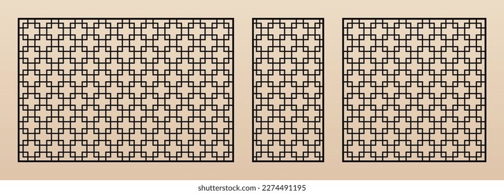 Juego de paneles de corte láser. Plantilla vectorial con patrón geométrico abstracto en estilo asiático, cuadrado. Lápiz decorativo para corte láser de madera, metal, materiales de chapa. Relación de aspecto 1:1, 1:2, 3:2