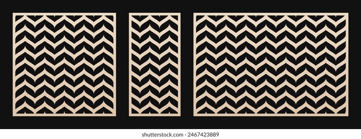 Laser cut panel set. Vector stencil with abstract geometric pattern, zigzag stripes, wavy lines, chevron. Swatch for laser cutting of wood, metal, acrylic panel, paper. Aspect ratio 1:1, 1:2, 3:2