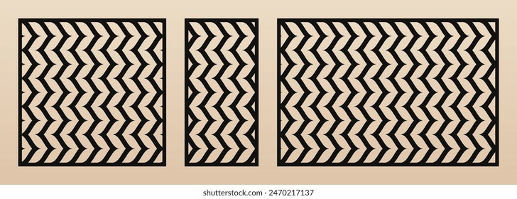 Laser cut panel set. Vector stencil with abstract geometric pattern, vertical zigzag stripes, wavy lines, chevron. Swatch for laser cutting of wood, metal, plastic, paper. Aspect ratio 1:1, 1:2, 3:2