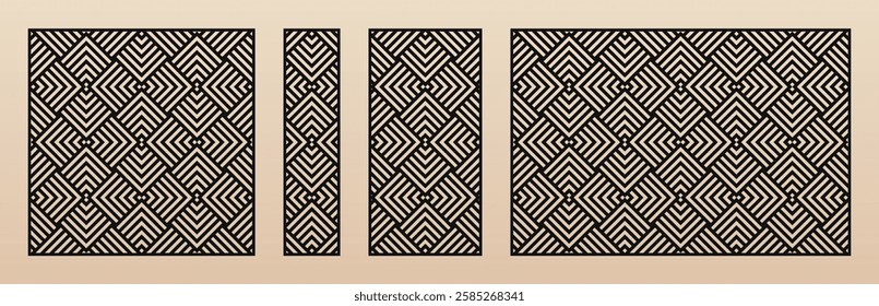 Laser cut panel set. Vector template with abstract geometric pattern, lines, stripes, grid. Decorative stencil for CNC cutting of wood, metal, plastic, paper, plywood. Aspect ratio 1:1, 1:4, 1:2, 3:2