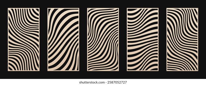 Laser cut panel set. Vector template with abstract geometric patterns, liquid lines, wavy stripes, fluid shapes. Decorative stencil for CNC, laser cutting of wood, metal, paper. Aspect ratio 1:2