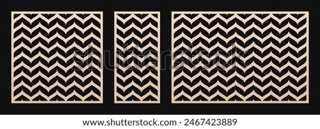 Laser cut panel set. Vector stencil with abstract geometric pattern, zigzag stripes, wavy lines, chevron. Swatch for laser cutting of wood, metal, acrylic panel, paper. Aspect ratio 1:1, 1:2, 3:2